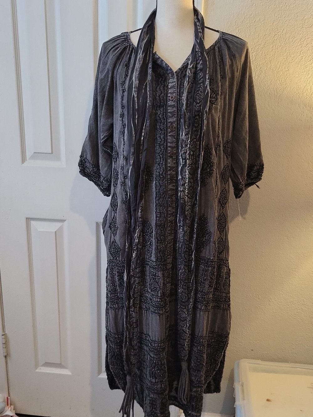 Kyla Seo Women's Embroidered Gray Boho "Selma" Tunic Dress with Scarf And Slip